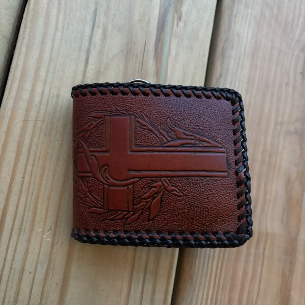 Vintage Jesus Leather Wallet Bi Fold Hand Tooled Whipstitch Prayer Religious